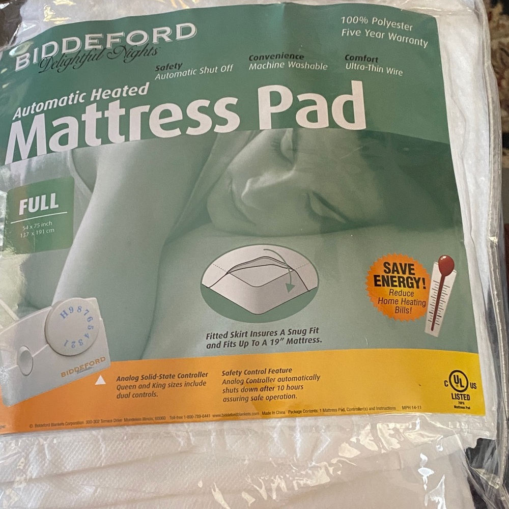 Biddeford Heated White Heated Mattress Pad NWOT
